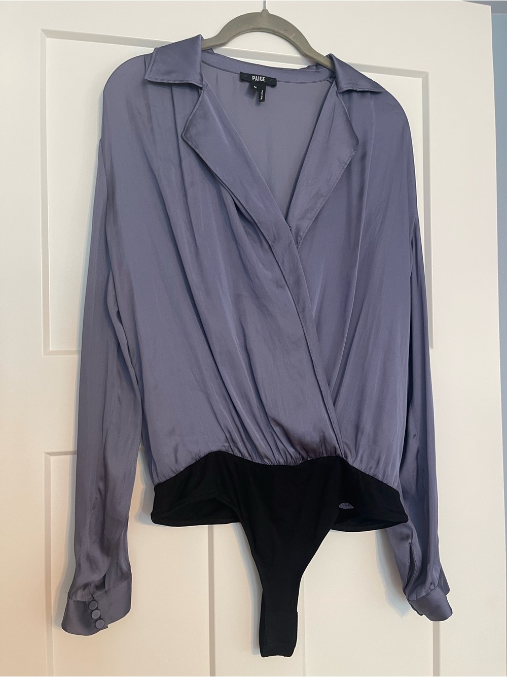 PAIGE Lavender-Gray Wrap Bodysuit Top with Black Bottom